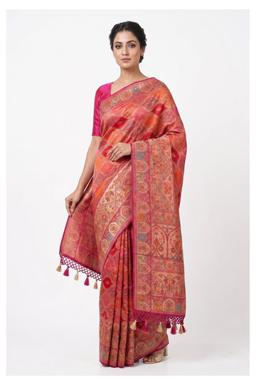 Pink Peach Heritage Floral Art Silk Saree