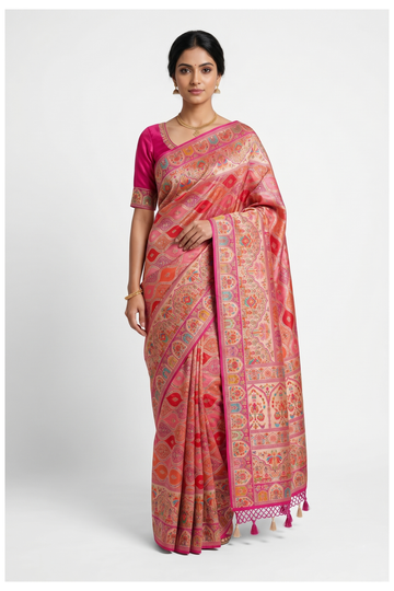 Vibrant Rani Pink Banarasi Art Crepe Silk Wedding Party Saree