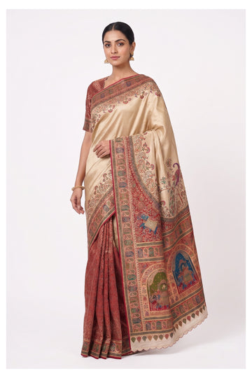 Cream & Maroon Traditional Silk Blend Saree