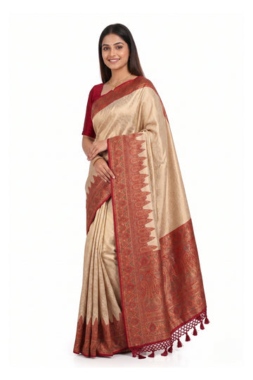 Cream Heritage Woven Silk Blend Saree