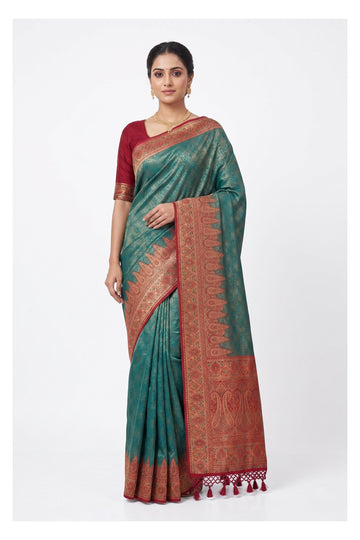 Teal Green Traditional Woven Silk Saree With Ornate Heritage Border