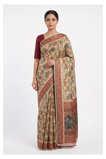 Cream Heritage Wildlife Motif Woven Silk Saree With Regal Contrast Border