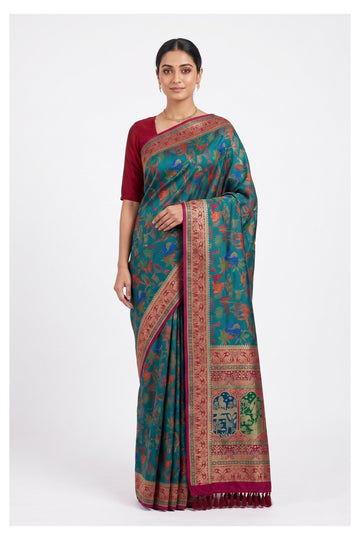 Teal Blue Heritage Motif Woven Silk Saree With Ornate Contrast Border