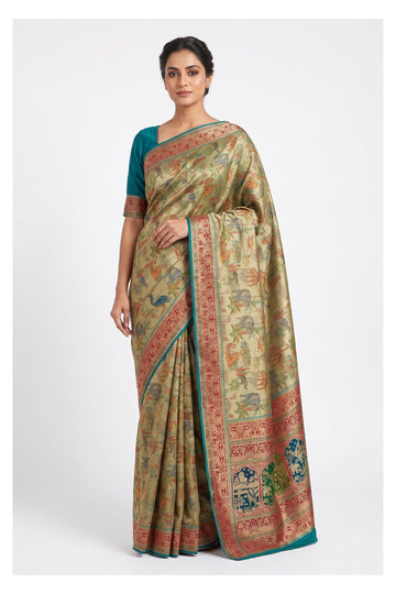 Beige Heritage Animal Motif Woven Silk Saree With Teal Contrast Border