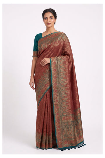 Rust Copper Traditional Woven Silk Saree With Ornate Heritage Border