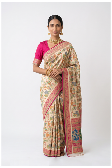 Ivory Art Silk Crepe South Silk Party Wear Saree