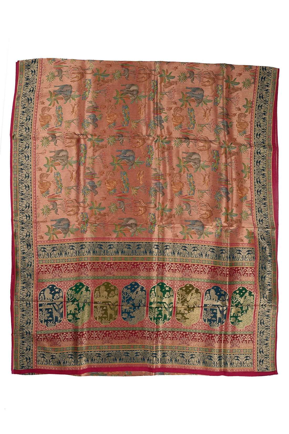 Peach Heritage Wildlife Motif Woven Silk Saree With Regal Red Border