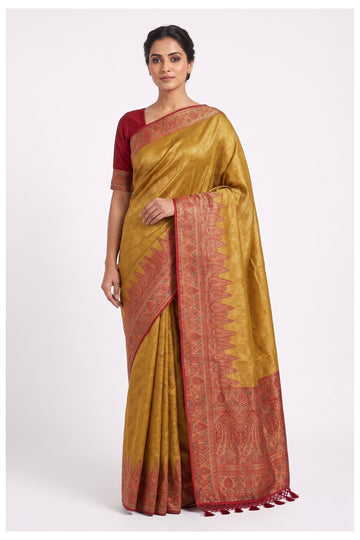 Mustard Gold Traditional Woven Silk Saree With Regal Heritage Border