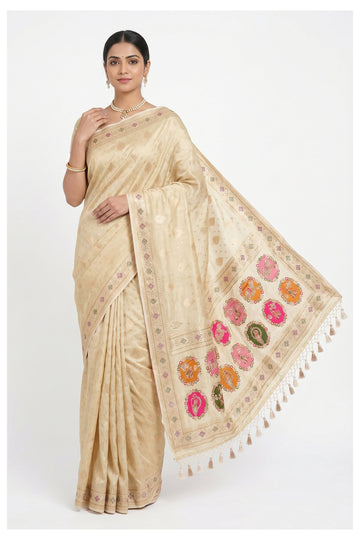 Cream Paithani Silk Saree With Multicolor Peacock Pallu