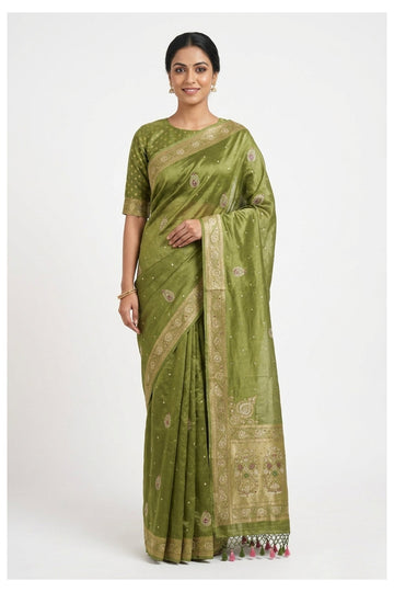 Olive Green Paithani Silk Saree With Zari Butta And Designer Pallu