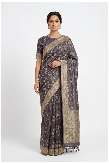 Charcoal Grey Banarasi Pure Silk Wedding & Party Wear Saree