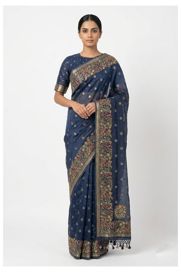 Navy Blue Designer Silk Saree With Intricate Multicolor Zari Border