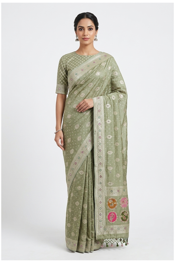 Sage Green Banarasi Pure Silk Wedding & Party Wear Saree