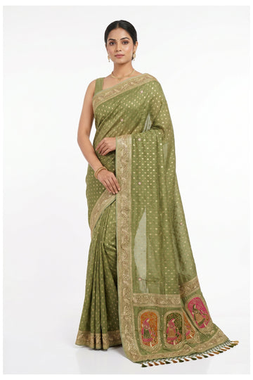 Sage Green Designer Silk Saree With Traditional Figure Motif Pallu