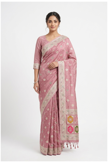 Rose Pink Banarasi Pure Silk Wedding And Party Wear Saree