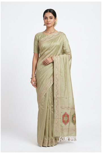 Sage Green Banarasi Pure Silk Wedding Party Wear Saree