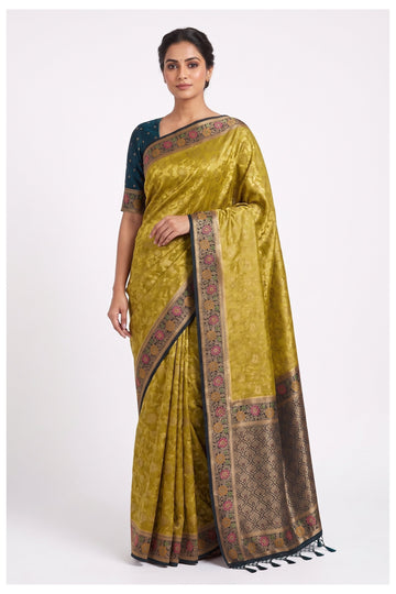 Mustard Gold Floral Woven Silk Saree With Designer Contrast Border