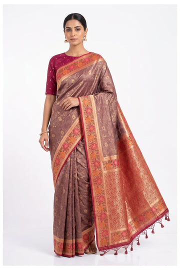 Mauve Rose Floral Woven Silk Saree With Designer Contrast Pallu