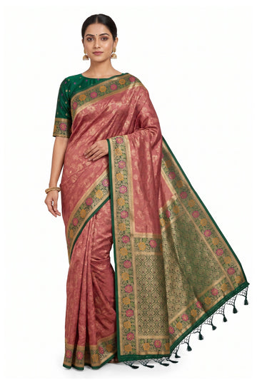 Rose Pink Floral Woven Silk Saree With Emerald Green Designer Border
