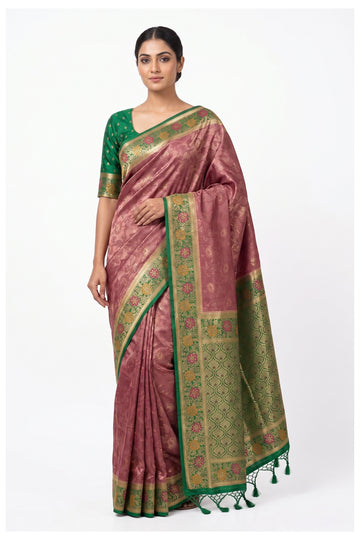 Dusty Rose Floral Woven Silk Saree With Emerald Green Designer Border