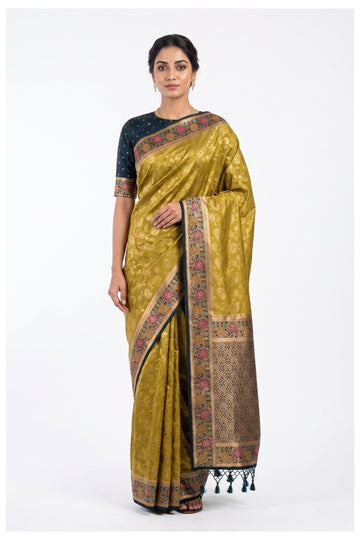 Olive Gold Floral Woven Silk Saree With Navy Designer Border