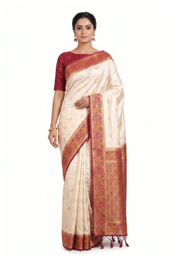Ivory Cream Floral Woven Silk Saree With Maroon Designer Border