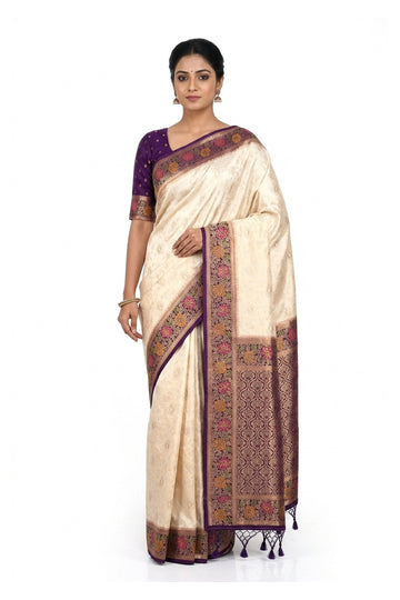 Almont Cream Floral Woven Silk Saree With Royal Purple Designer Border