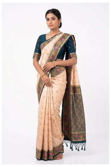 Peach Beige Floral Woven Art Silk Saree With Teal Designer Border