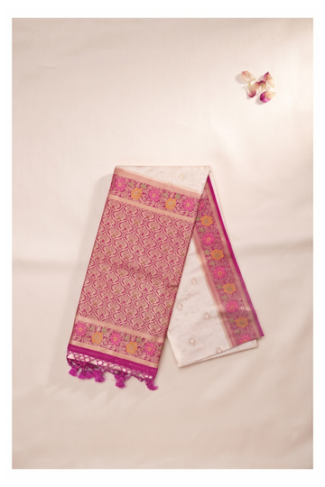 Ivory Banarasi Silk Art Silk Tissue Wedding Party Wear Saree