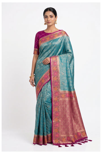 Sky Blue Floral Woven Art Silk Saree With Magenta Designer Border