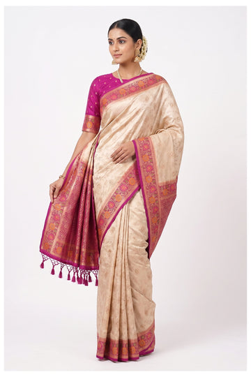 Champagne Beige Floral Woven Art Silk Saree With Magenta Designer Border