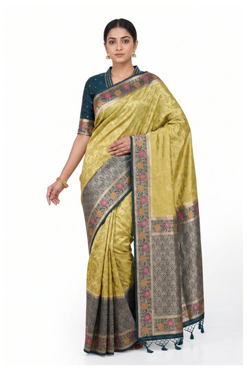Lime Gold Floral Woven Art Silk Saree With Teal Designer Border