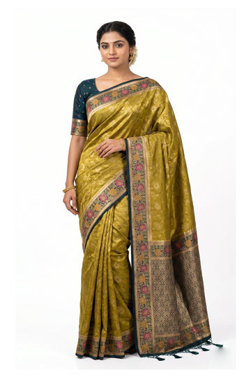 Olive Gold Floral Woven Art Silk Saree With Teal Designer Border