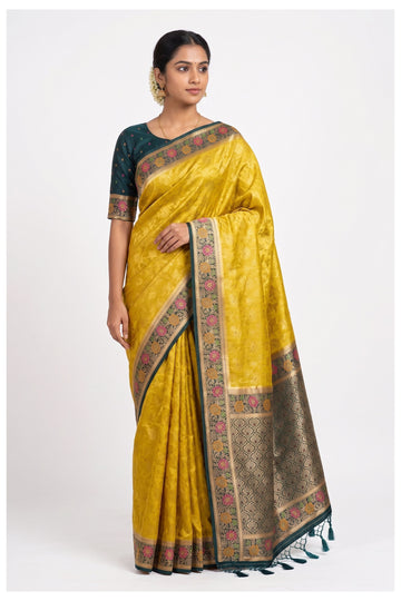 Golden Yellow Floral Woven Art Silk Saree With Teal Designer Border