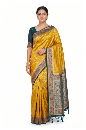 Golden Yellow Floral Woven Art Silk Saree With Teal Border