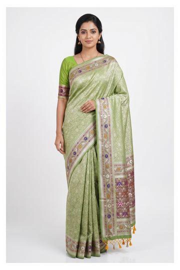 Pistachio Green Banarasi Silk Saree With Jaal Weaving