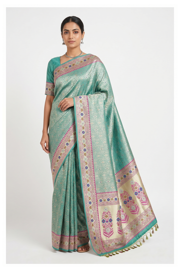 Pale Teal Banarasi Silk Saree With Weaving