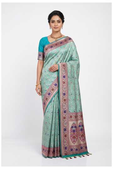 Aqua Green Amdavadi Banarasi Silk Saree With Weaving