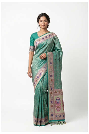 Aqua Green Banarasi Silk Saree With Weaving