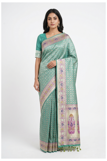 Teal Banarasi Silk Saree With Jaal Weaving