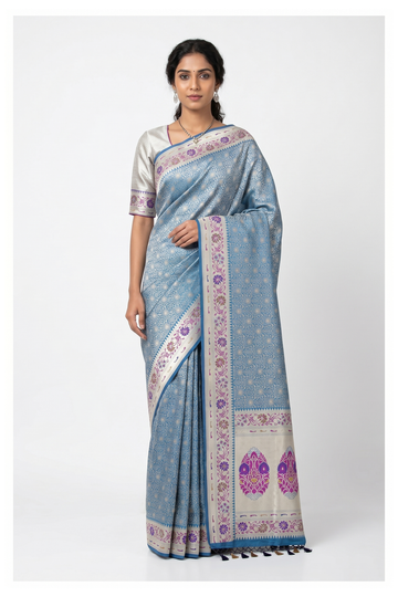 Powder Blue Pure Banarasi Silk Saree With Weaving