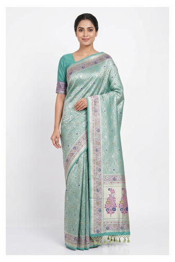 Seafoam Green Pure Banarasi Silk Saree With Weaving