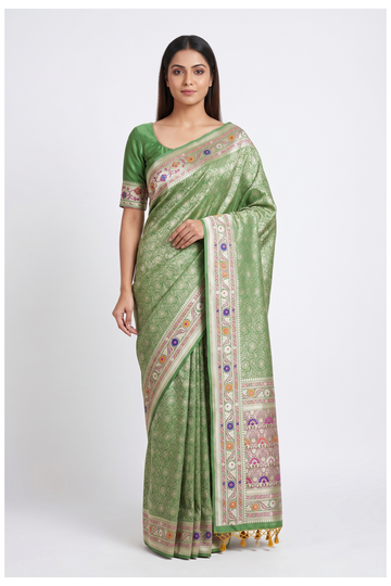 Mehendi Green Banarasi Amdavadi Silk Saree With Weaving