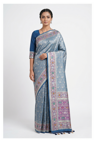 Powder Blue Amdavadi  Banarasi Silk Saree With Weaving