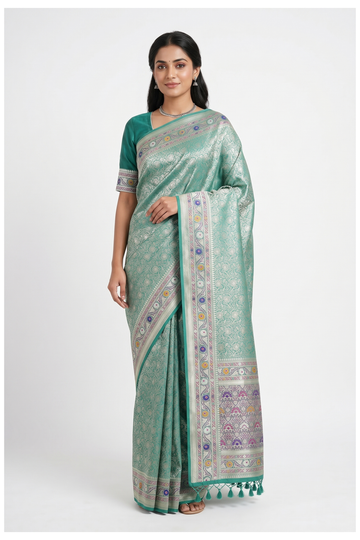 Sea Green Banarasi Silk Saree With  Jaal Weaving