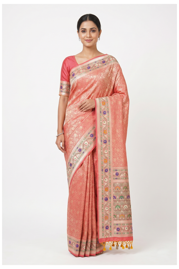 Coral Banarasi Pure Silk Saree With Weaving