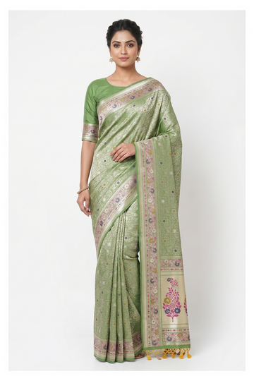 Sage Green Banarasi Silk Saree With Jaal  Weaving