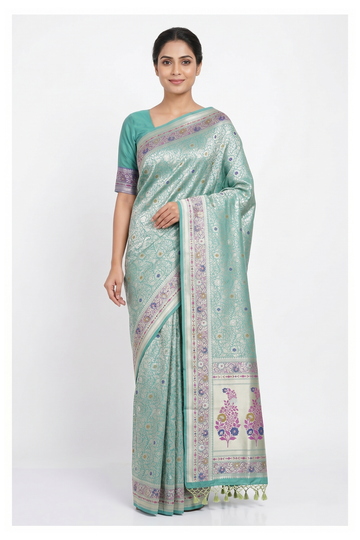 Mint Green Pure Banarasi Silk Saree With Weaving