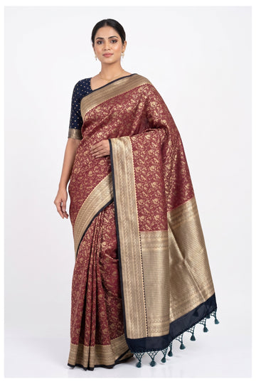 Maroon & Navy Blue Woven Art Silk Saree With Rich Gold Zari Border