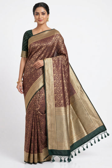 Coffee Brown & Dark Green Woven Art Silk Saree With Rich Gold Border